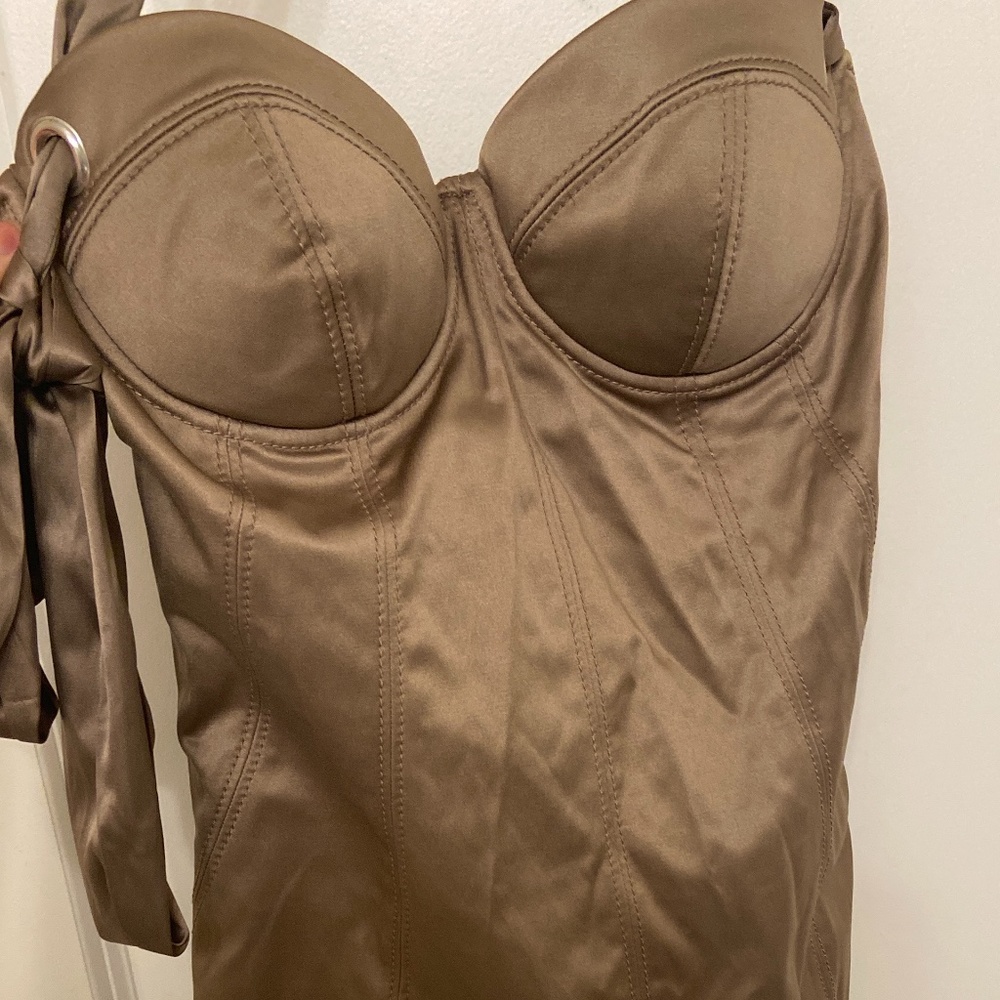 *Satin Champagne Taupe Brown Halter Lace up dress.*-size 2.